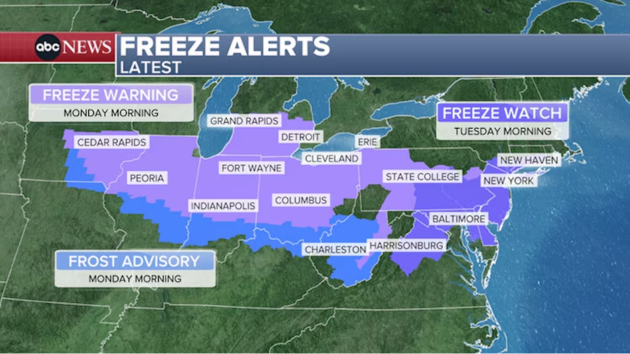 Freeze alerts issued as temperatures plunge in the East after summer-like spell